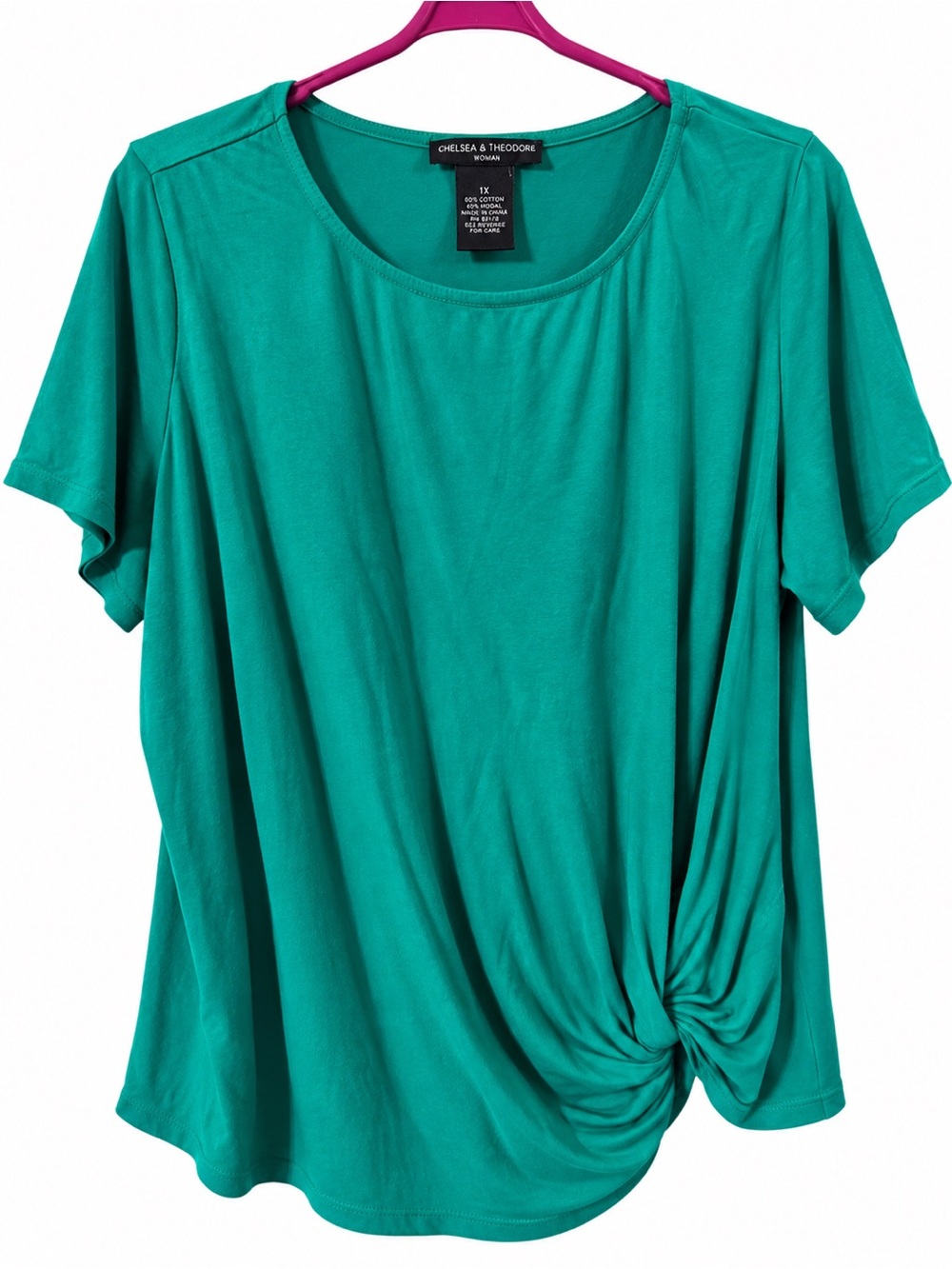 Chelsea & Theodore Teal Knot-Detail Short Sleeve Top